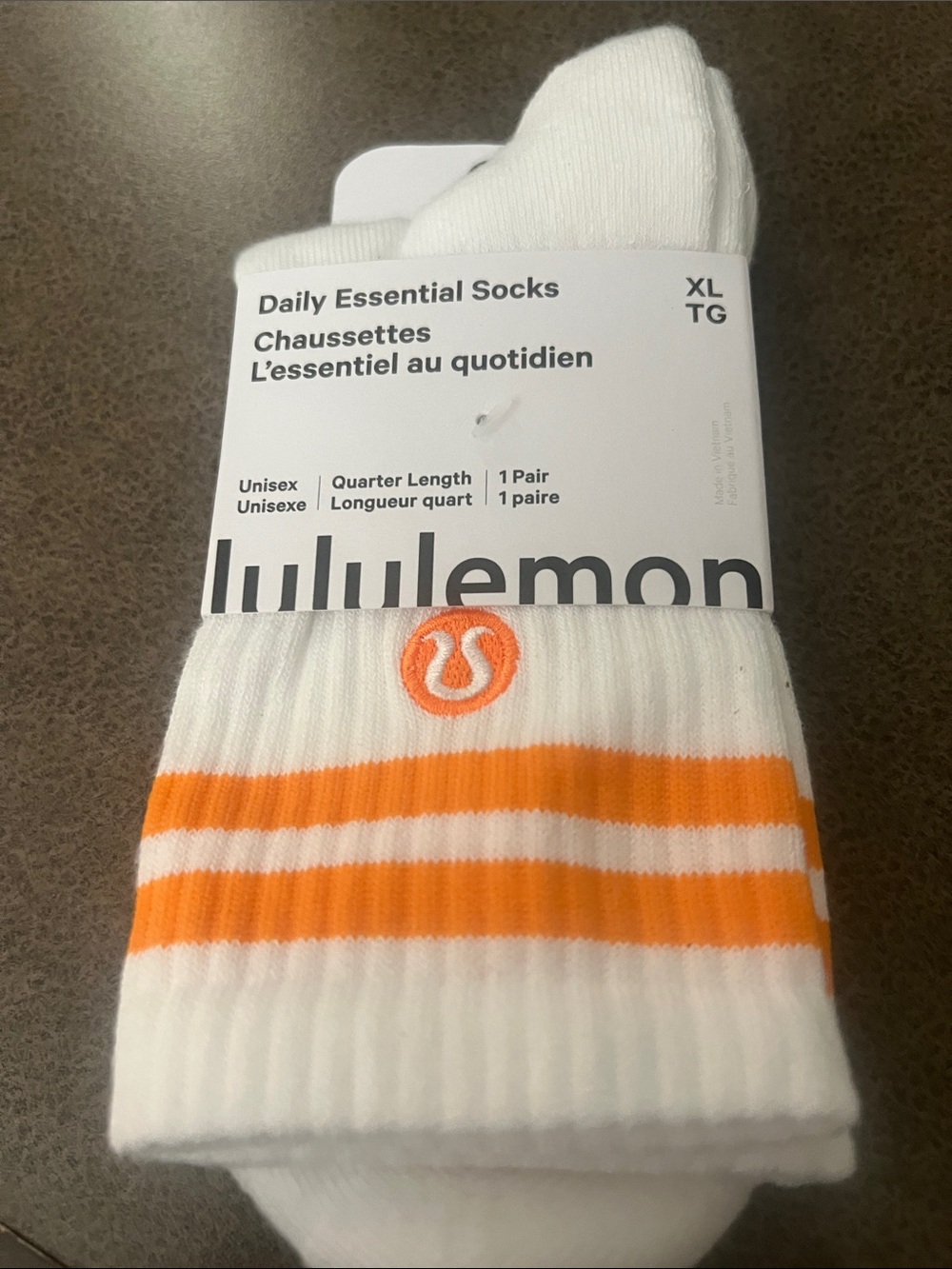 lululemon athletica White Quarter Socks with light Orange Stripe color Accent